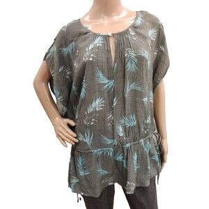Hope & Harlow Women's 2X Dark Olive Grey Blue Tropical Leaves Plus Size Blouse